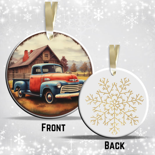 Vintage Farm Red Truck Christmas Ceramic Ornament 01-05