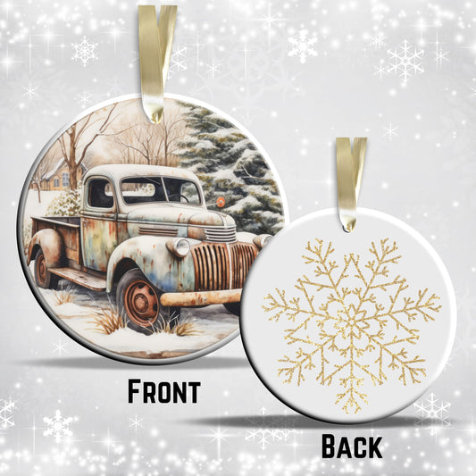 Vintage Farm Red Truck Christmas Ceramic Ornament 01-07