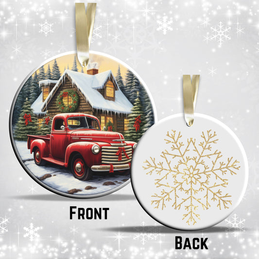 Vintage Farm Red Truck Christmas Ceramic Ornament 01-08