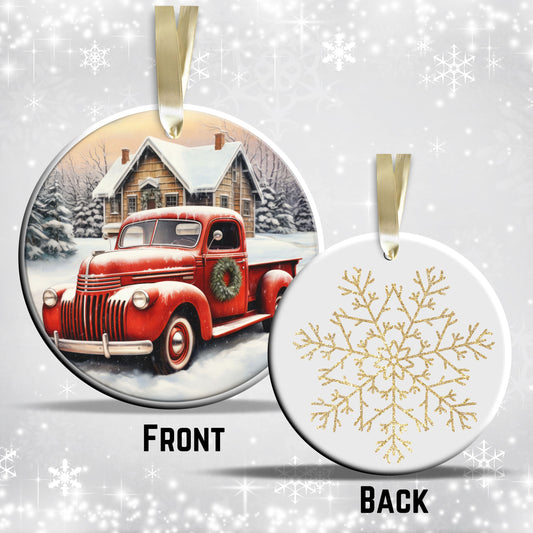 Vintage Farm Red Truck Christmas Ceramic Ornament 01-10