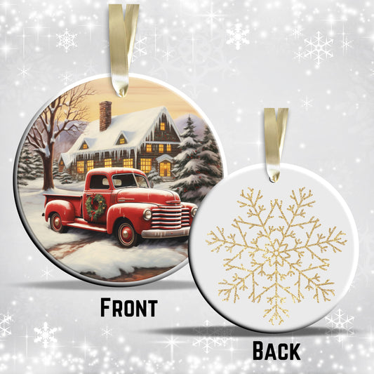 Vintage Farm Red Truck Christmas Ceramic Ornament 01-12