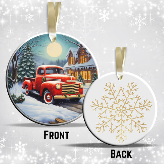 Vintage Farm Red Truck Christmas Ceramic Ornament 01-13
