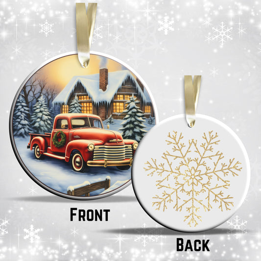 Vintage Farm Red Truck Christmas Ceramic Ornament 01-14