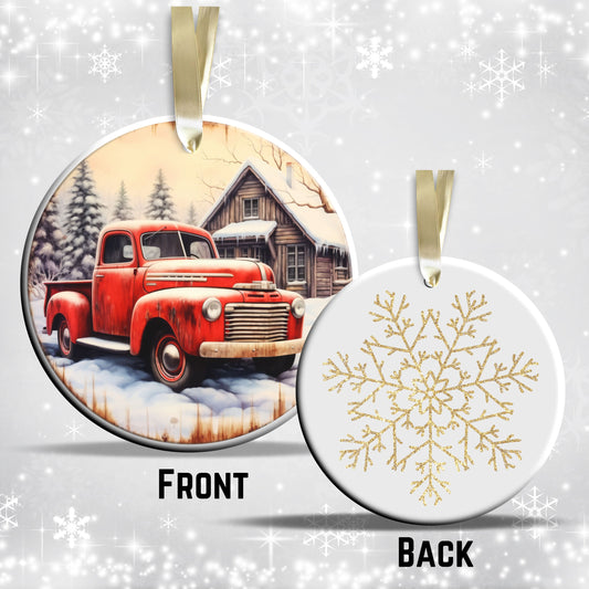 Vintage Farm Red Truck Christmas Ceramic Ornament 01-15