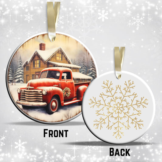 Vintage Farm Red Truck Christmas Ceramic Ornament 01-16