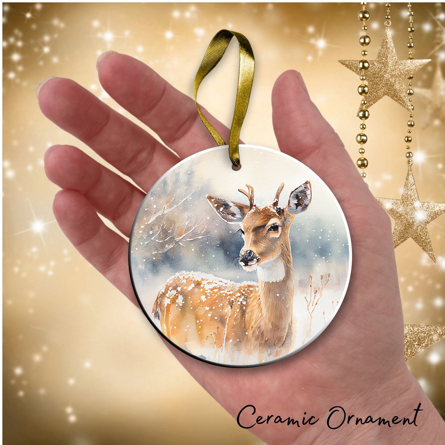 Deer in Winter Forest Ceramic Ornament 38-01