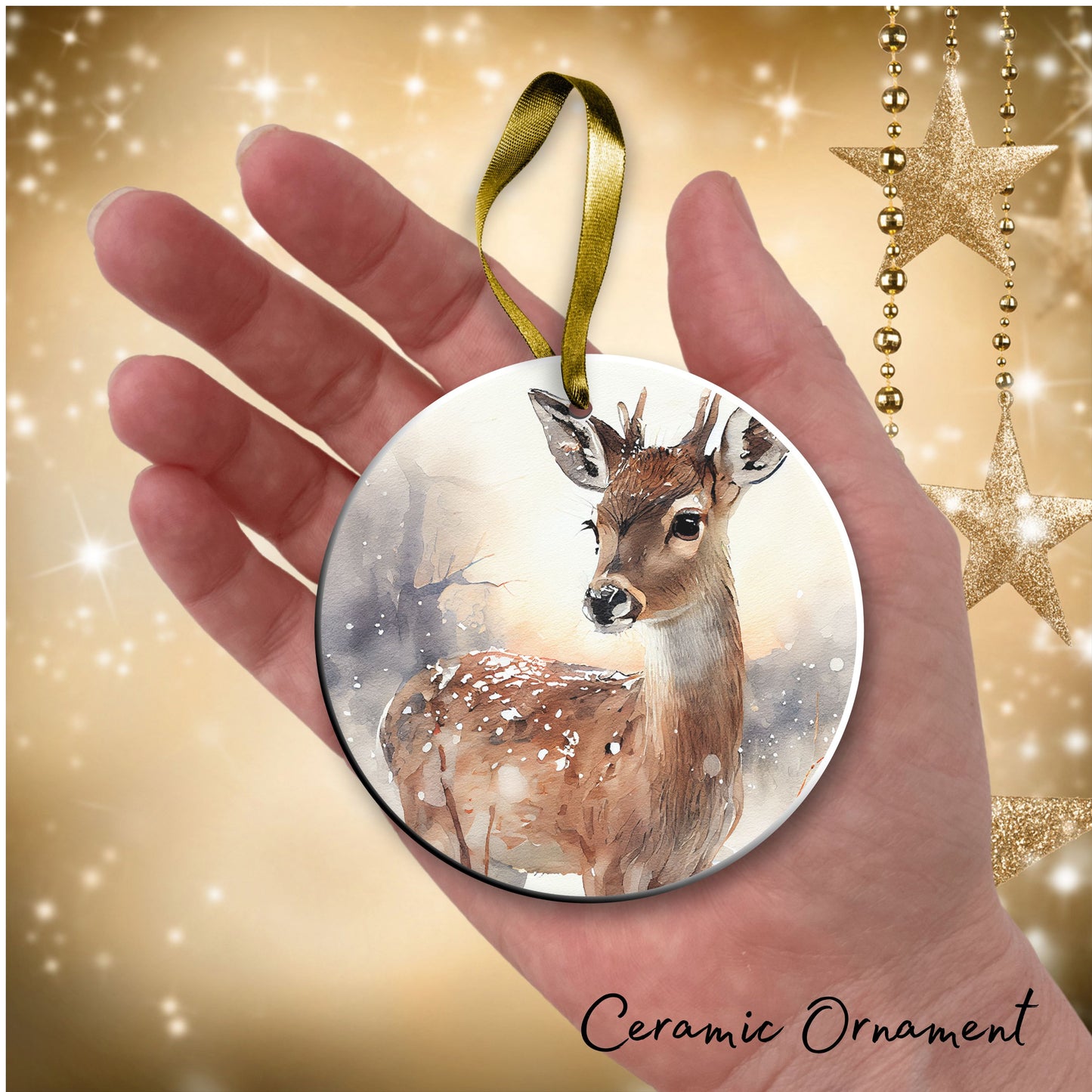 Deer in Winter Forest Ceramic Ornament 38-02