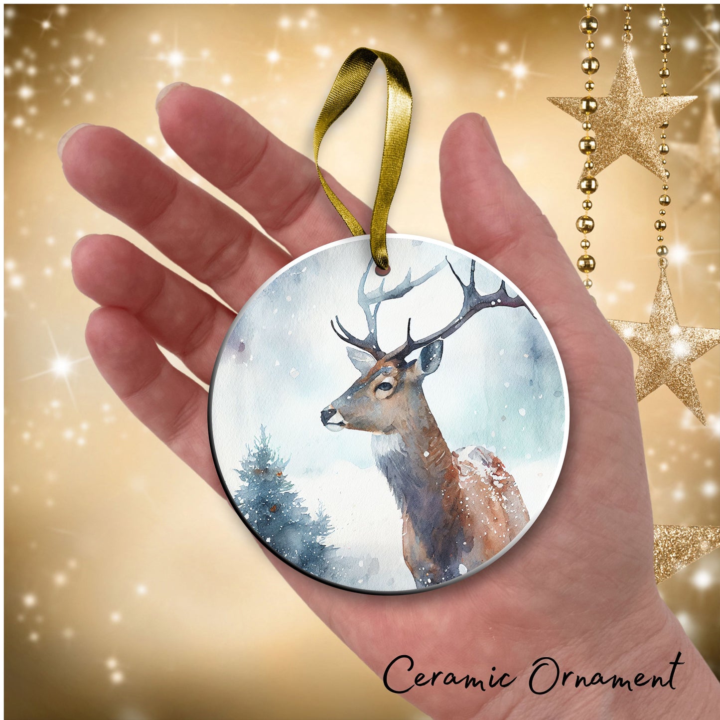 Deer in Winter Forest Ceramic Ornament 38-04