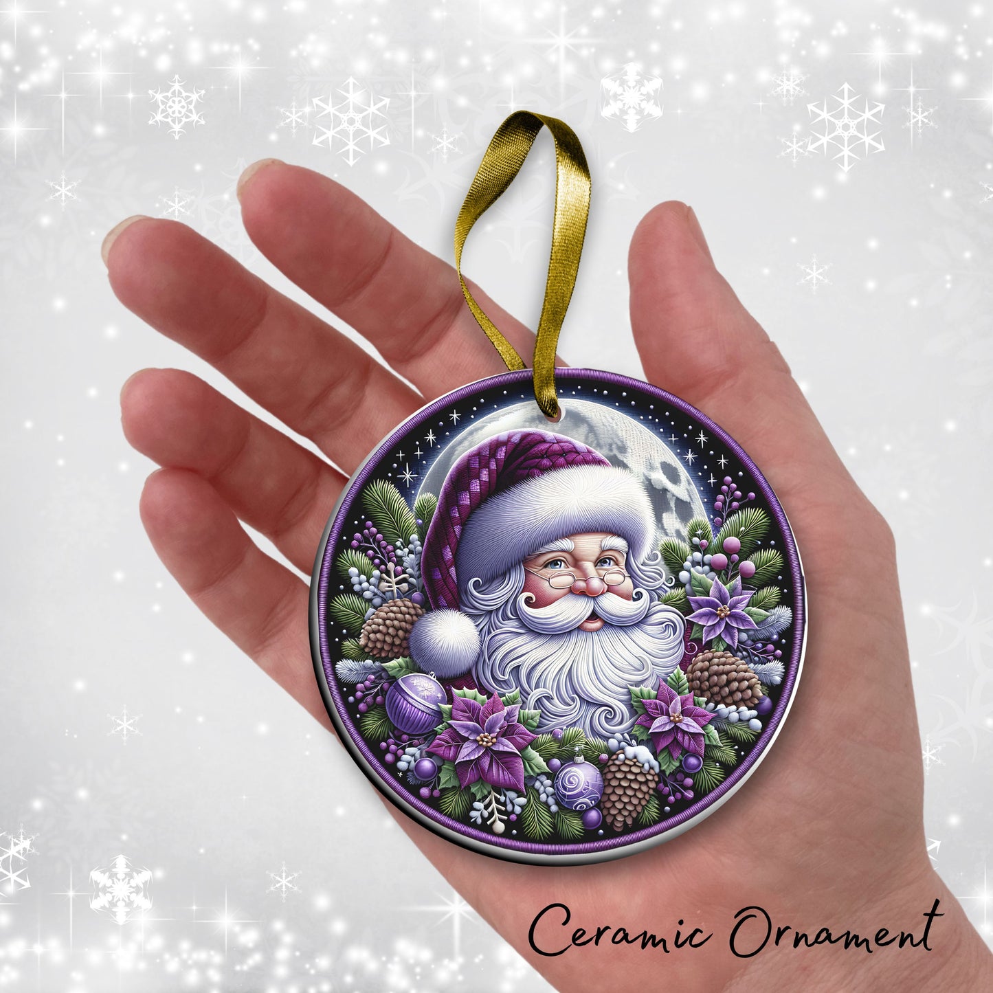 Embroidered Purple Santa Ceramic Ornament SET 102-03