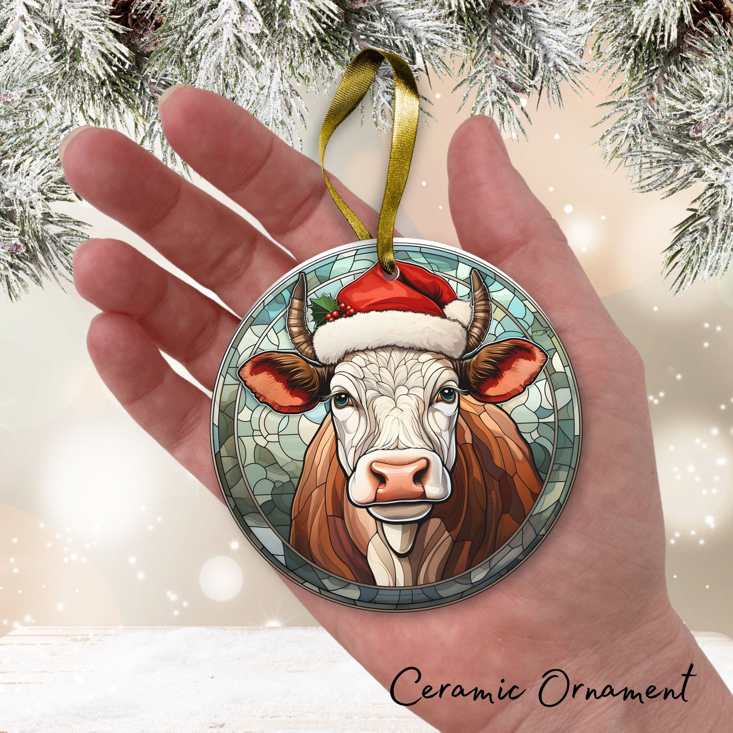 Stained Glass Farmhouse Christmas Animal Ceramic Ornament 71-06
