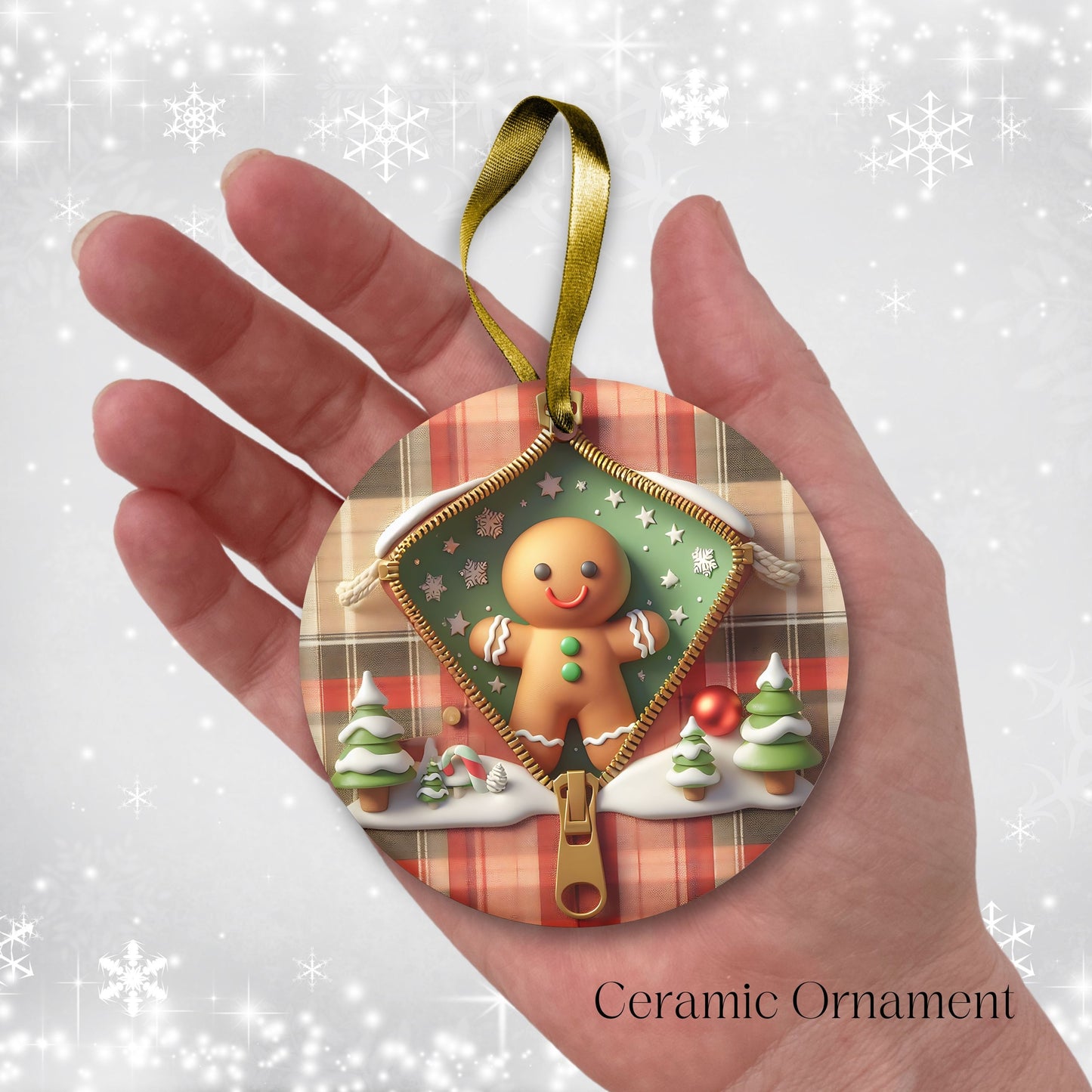 Cute Gingerbread Man 3D Zipper Ornament Christmas Plaid 78-04