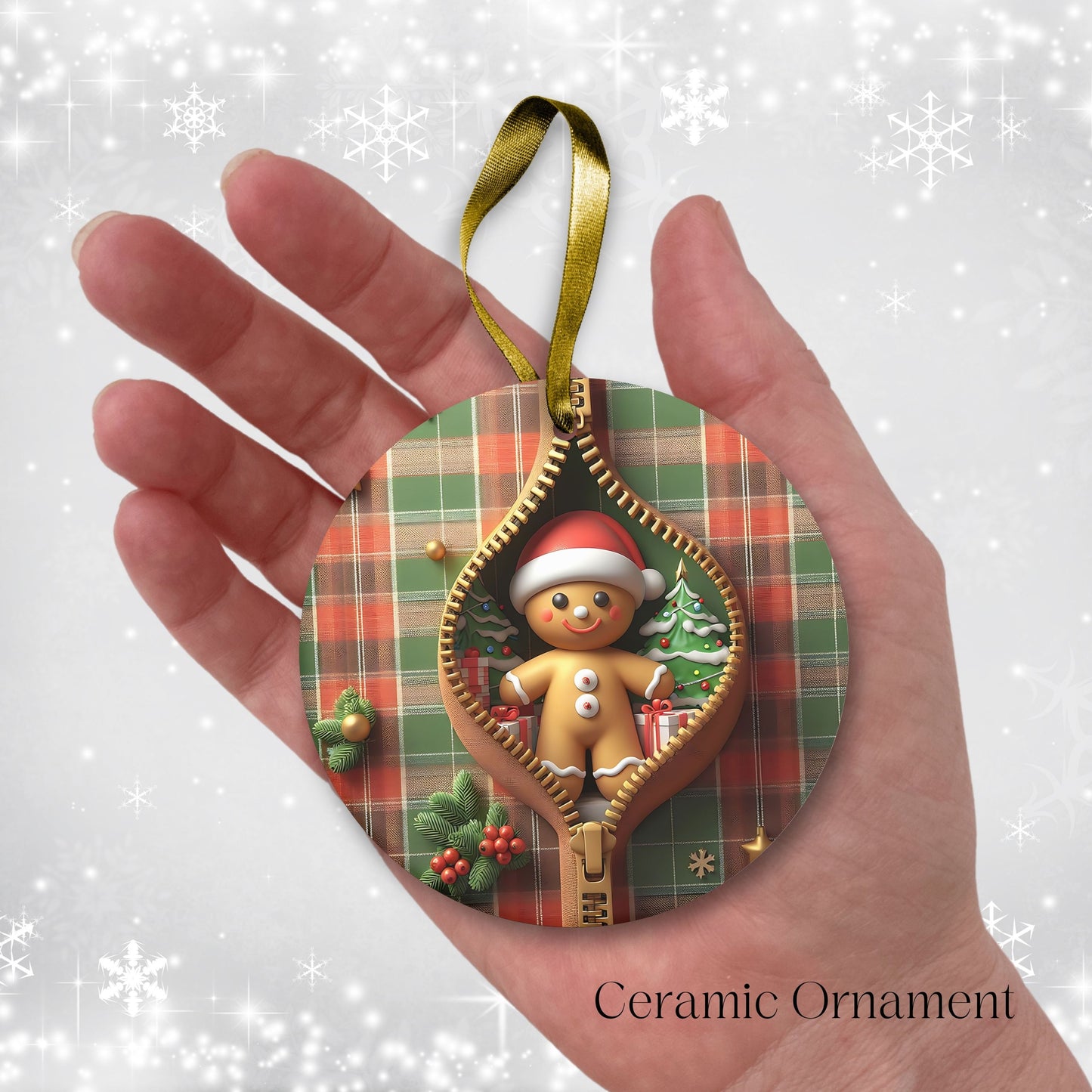 Cute Gingerbread Man 3D Zipper Ornament Christmas Plaid 78-05