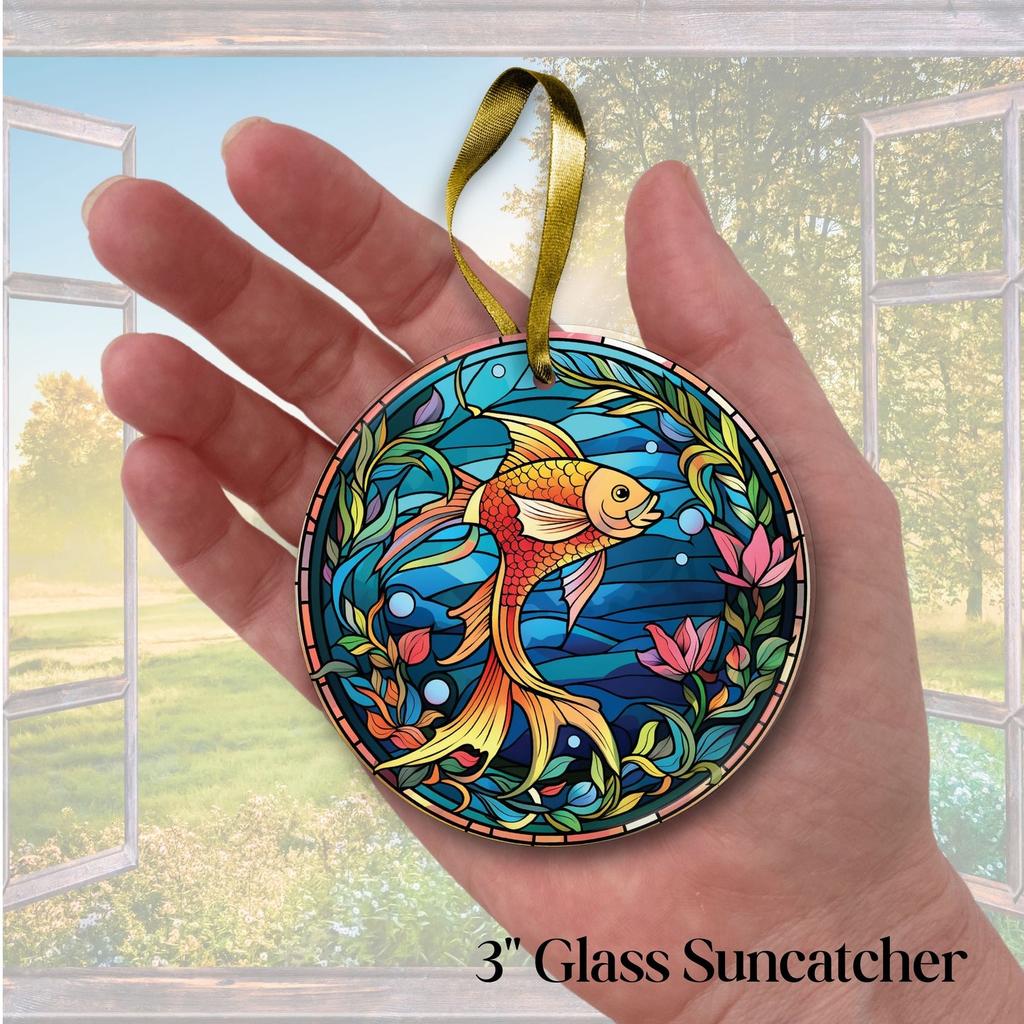 Unique Gold Fish Vibrant Colors Glass Suncatcher Stained Glass 112-08