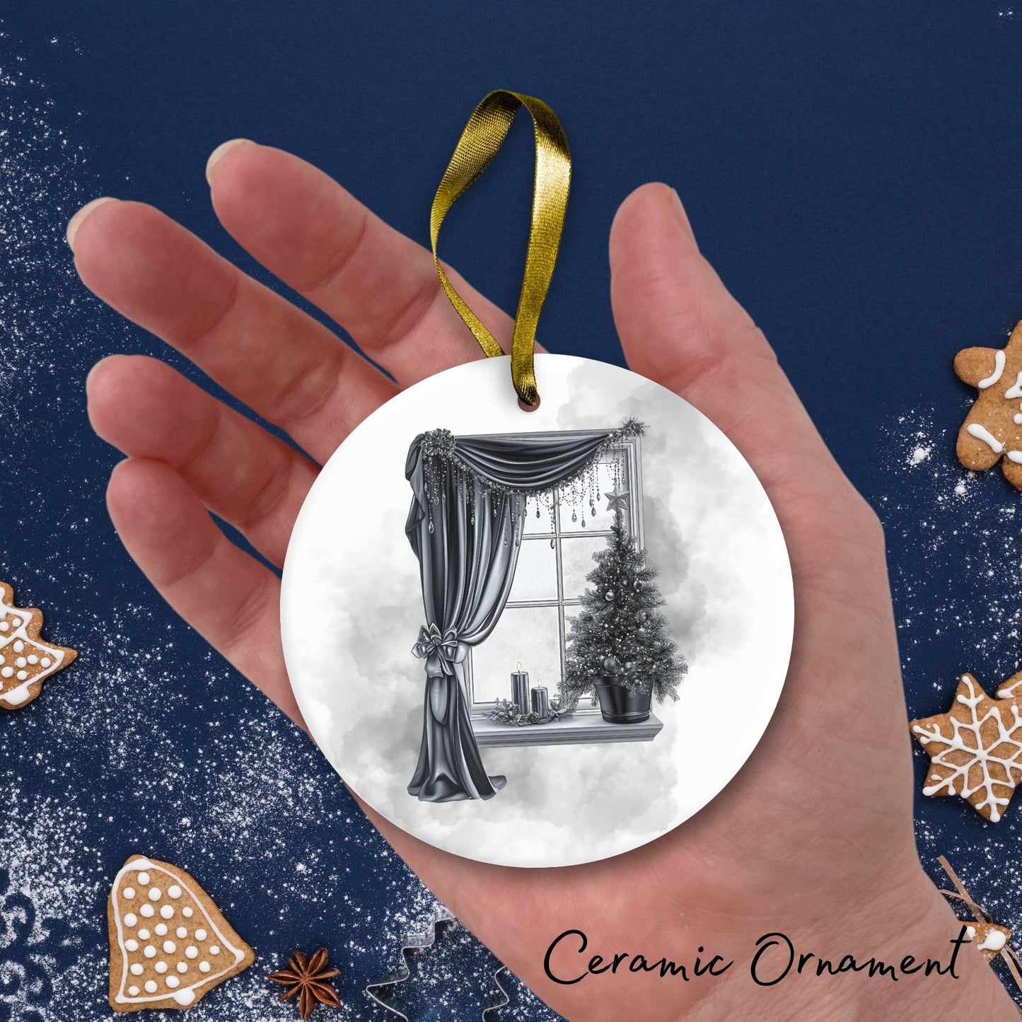 Gothic Christmas Decor Monochrome Black and White Ceramic Ornament 65-05