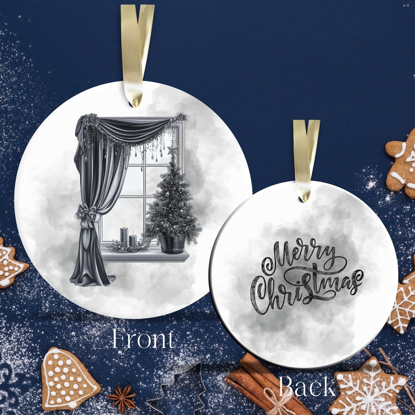 Gothic Christmas Decor Monochrome Black and White Ceramic Ornament 65-05