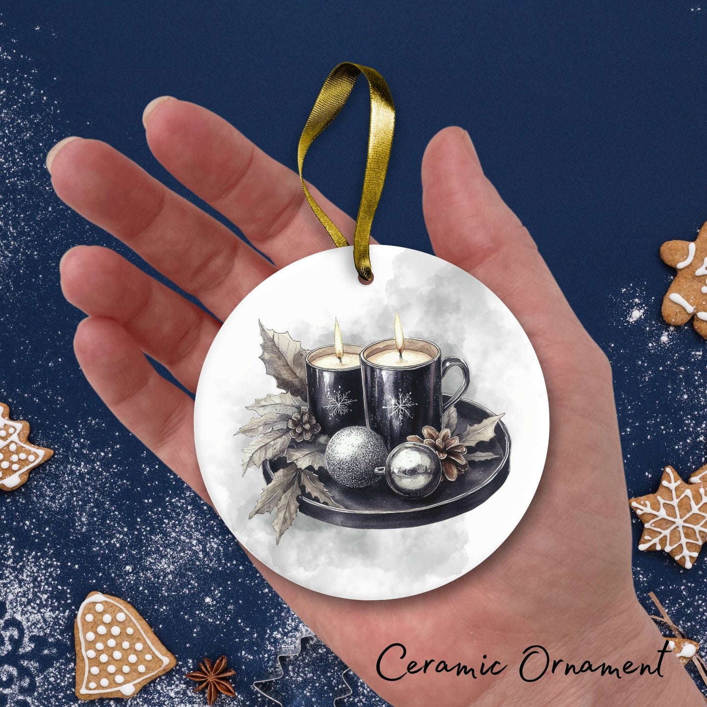 Gothic Christmas Decor Monochrome Black and White Ceramic Ornament 65-15