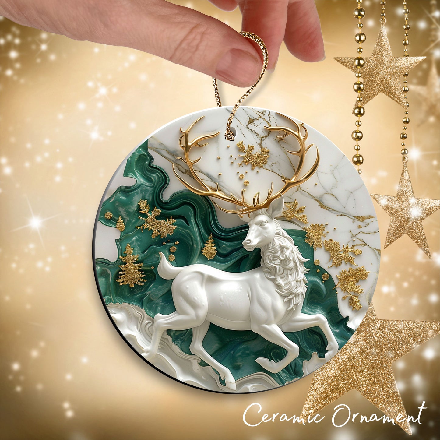 Green and Gold Christmas Ceramic Ornament 34-01