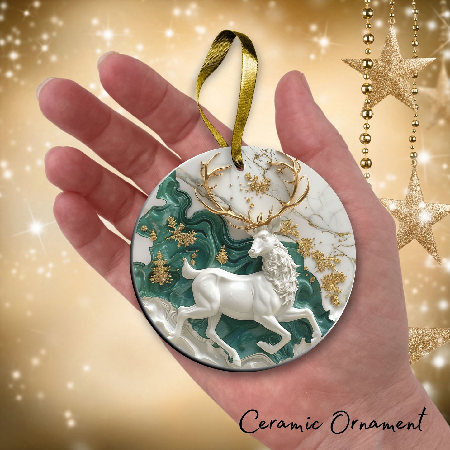 Green and Gold Christmas Ceramic Ornament 34-02