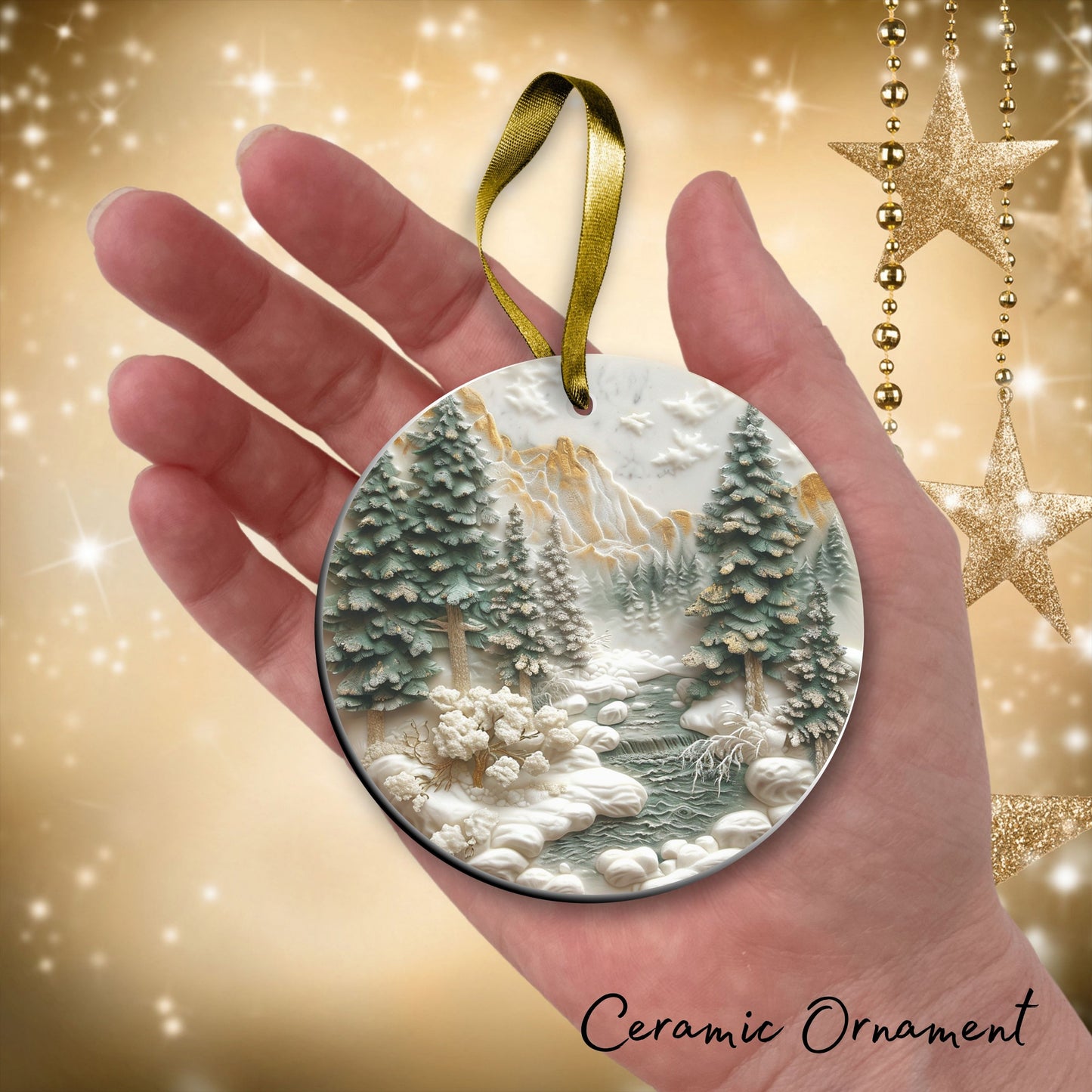 Green and Gold Christmas Ceramic Ornament 34-03