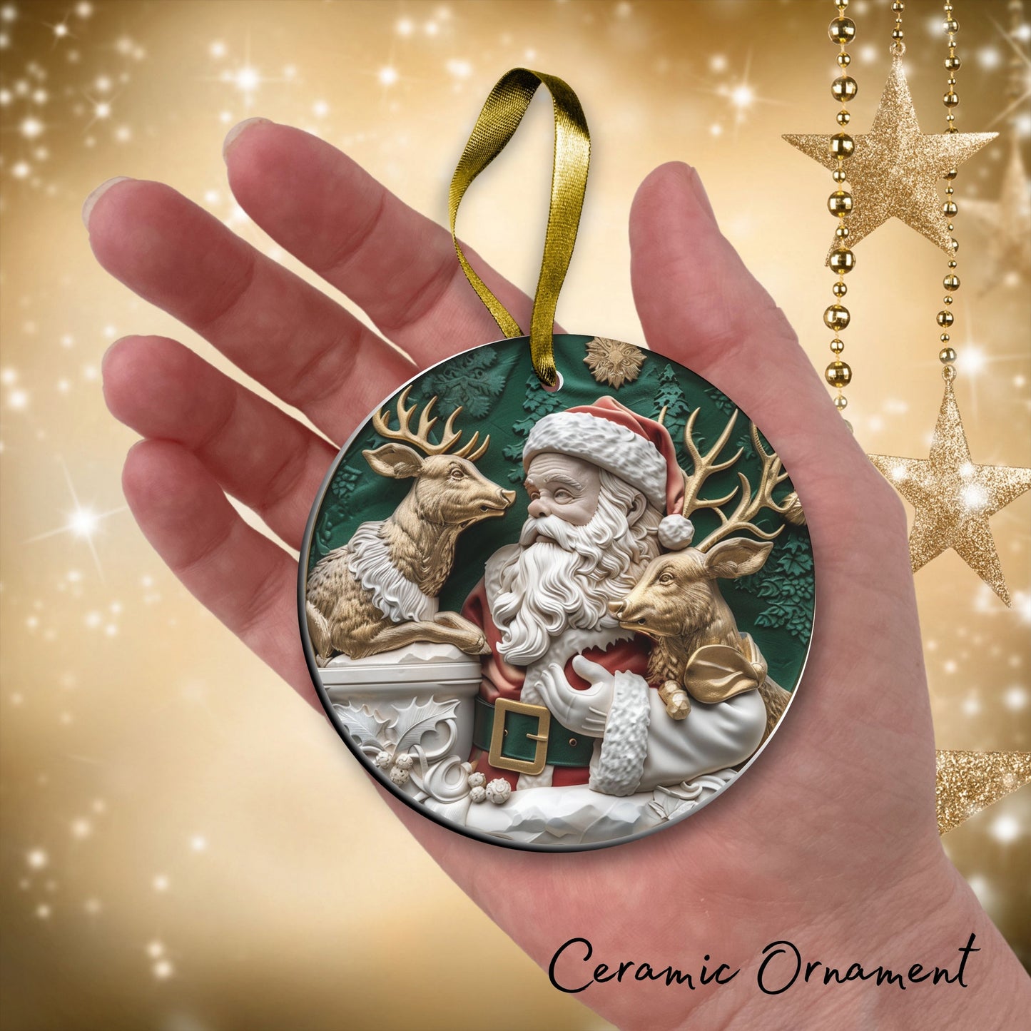 Christmas Santa with Deer Ceramic Ornament 34-31