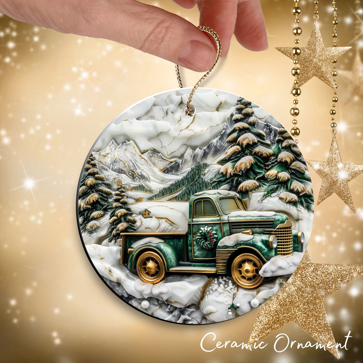 Christmas Gold and Green Ceramic Ornament 34-61