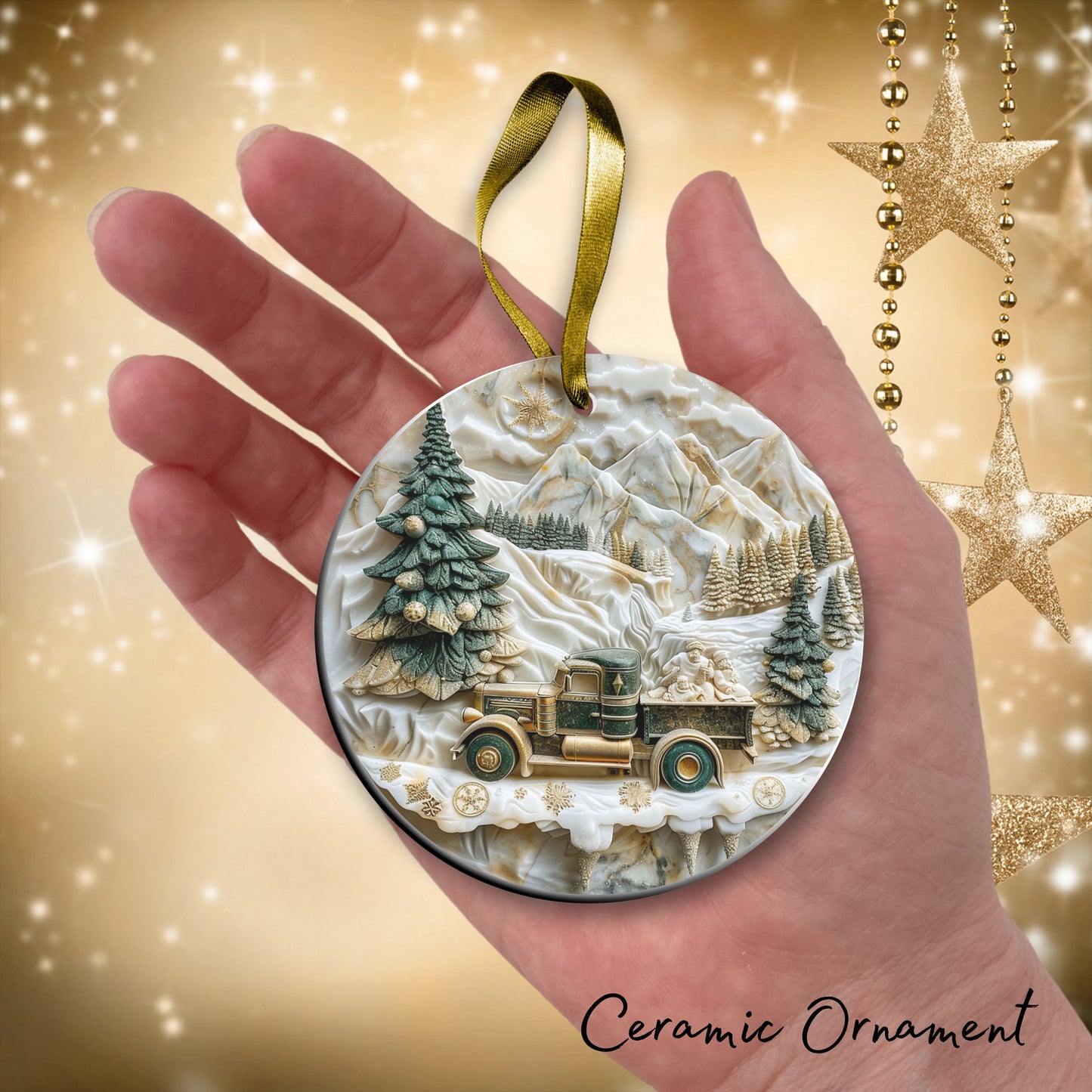 Christmas Gold and Green Ceramic Ornament 34-64