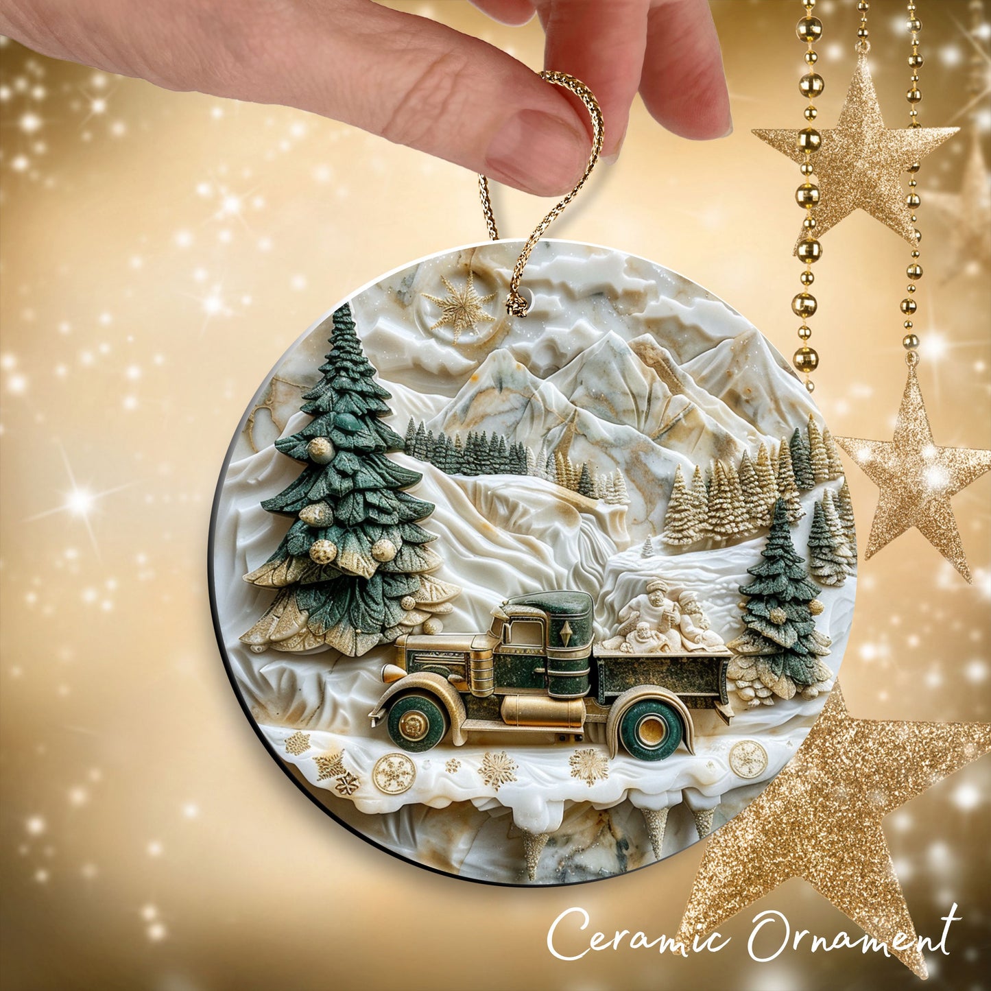 Christmas Gold and Green Ceramic Ornament 34-64
