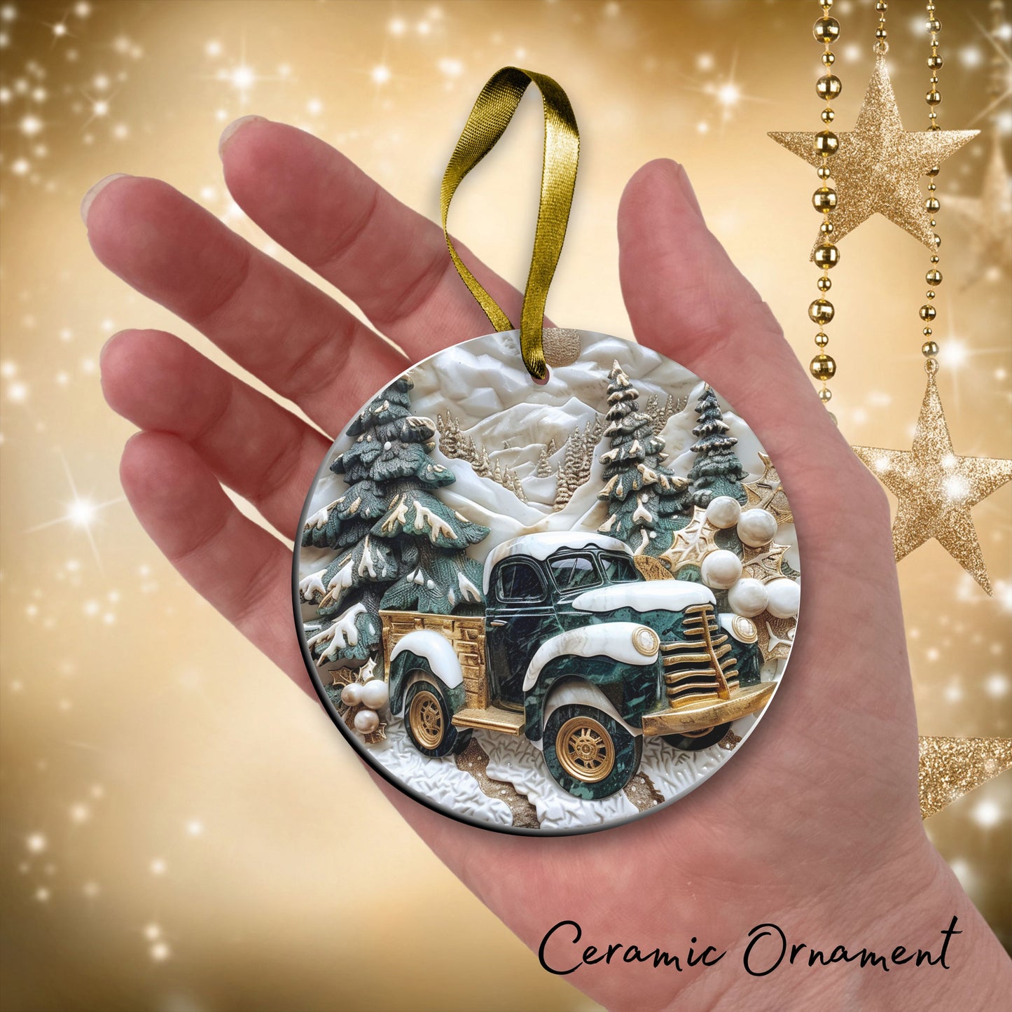 Christmas Gold and Green Ceramic Ornament 34-66