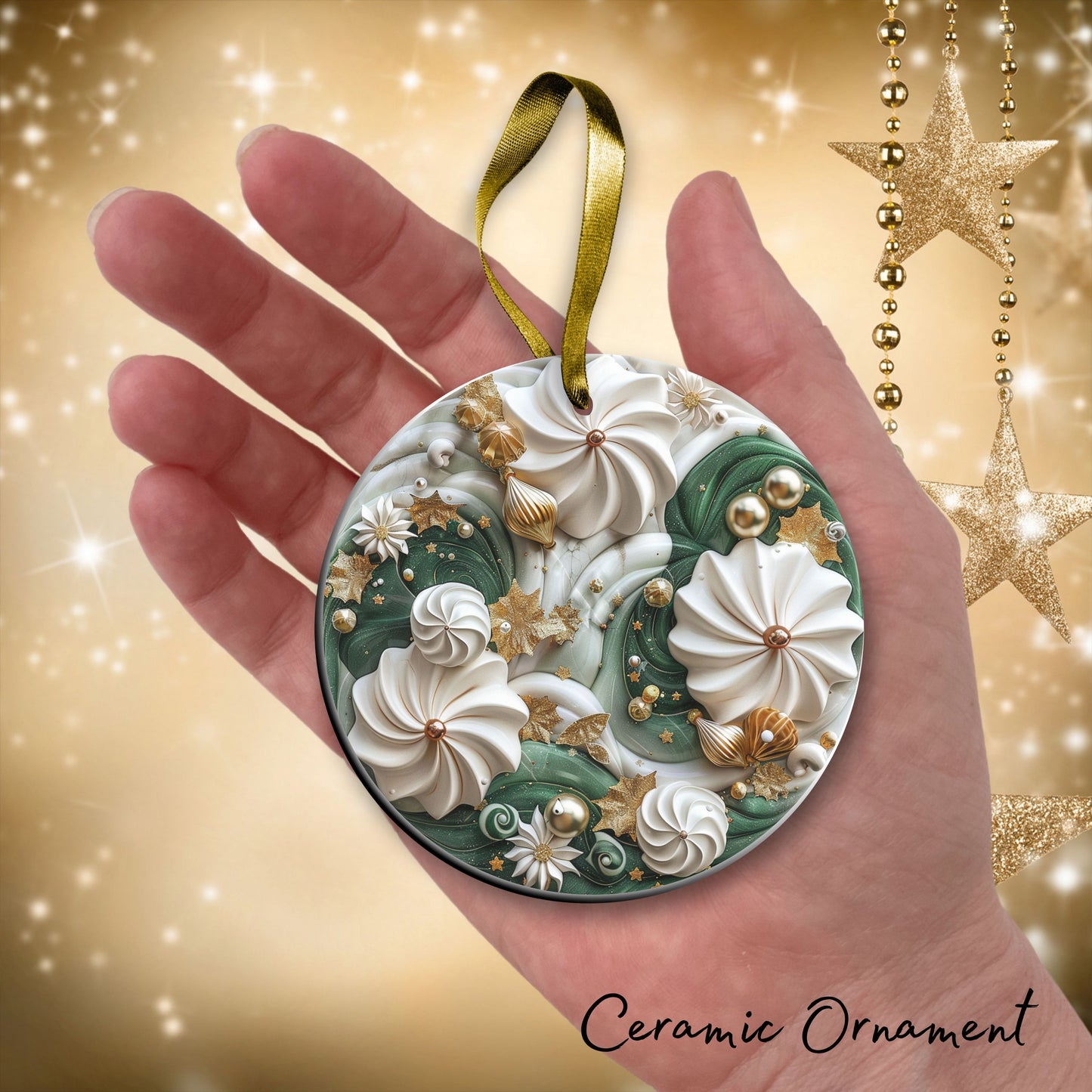 Christmas Gold and Green Ceramic Ornament 34-72