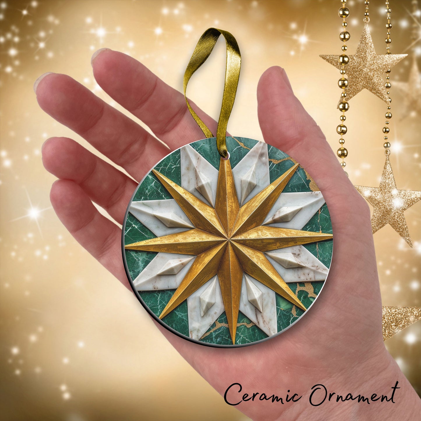 Christmas Gold and Green Ceramic Ornament 34-74