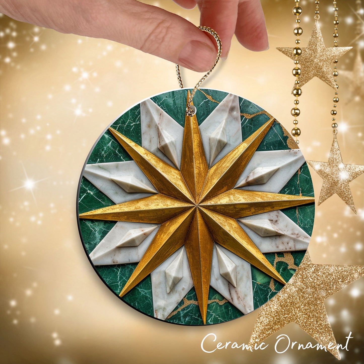 Christmas Gold and Green Ceramic Ornament 34-74