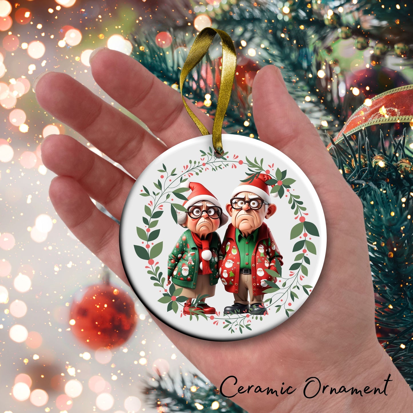 Grumpy Christmas Grandparents Ceramic Ornament 52-07
