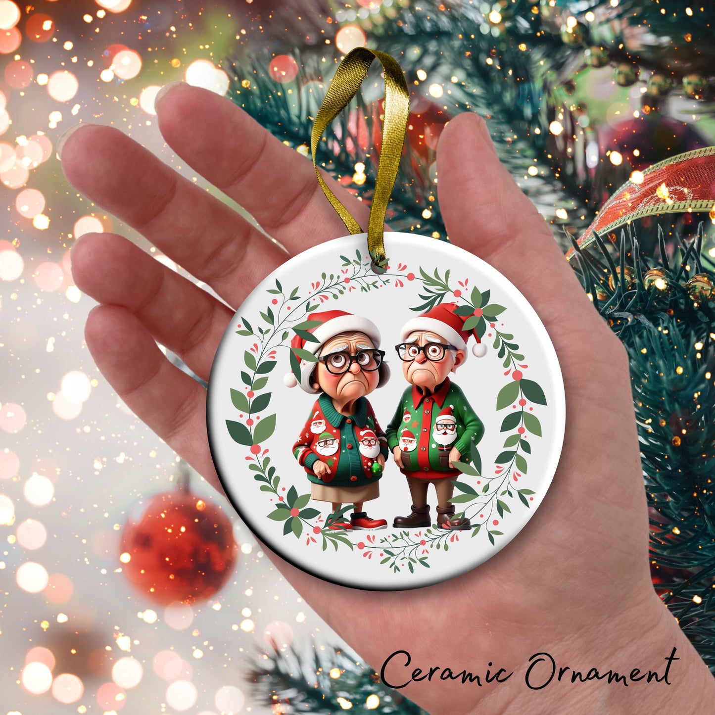 Grumpy Christmas Grandparents Ceramic Ornament 52-09