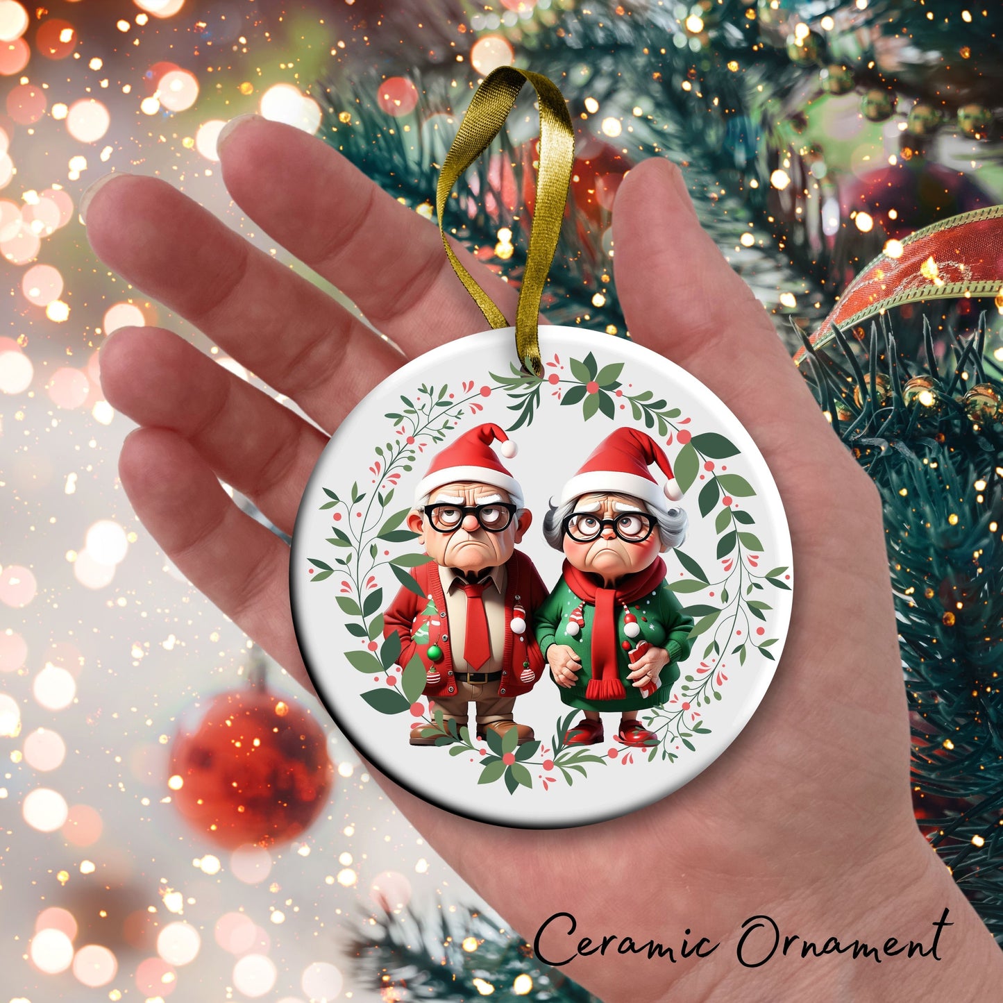 Grumpy Christmas Grandparents Ceramic Ornament 52-11