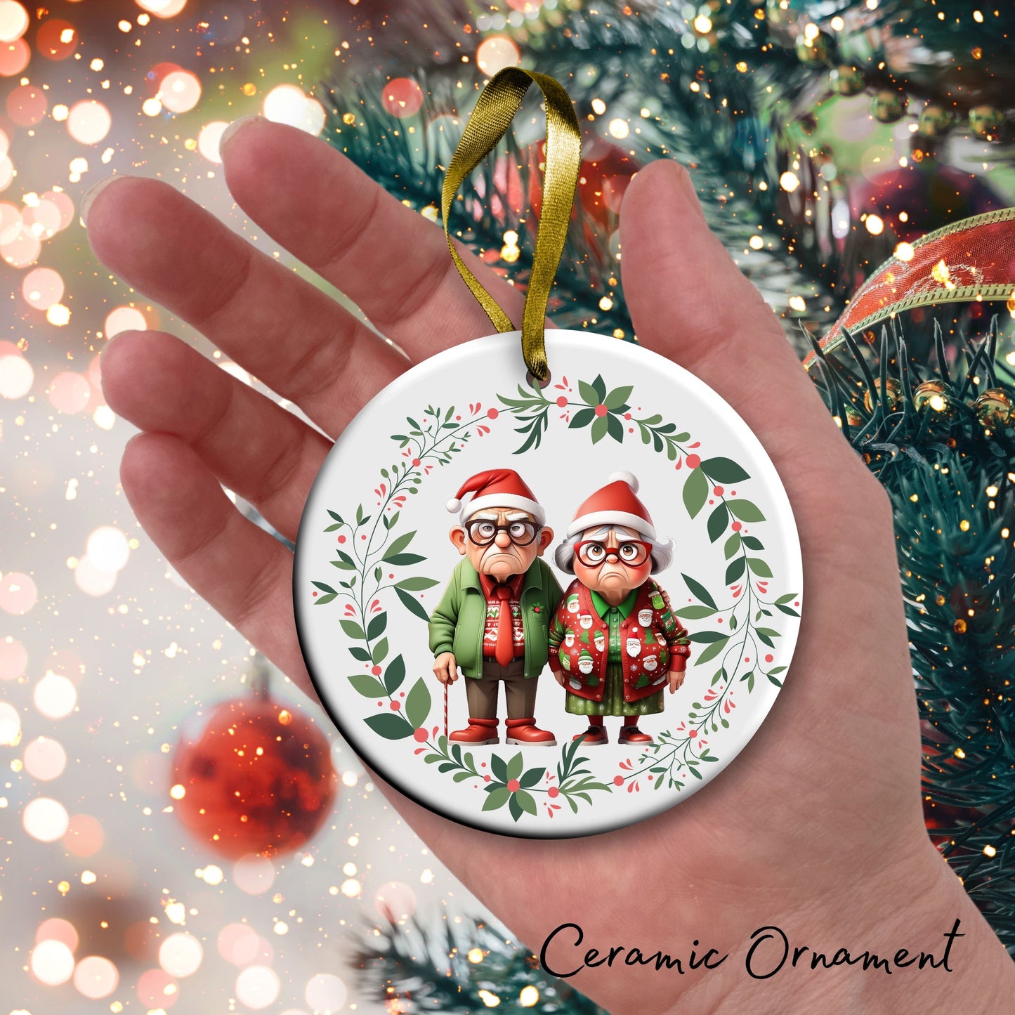 Grumpy Christmas Grandparents Ceramic Ornament 52-13