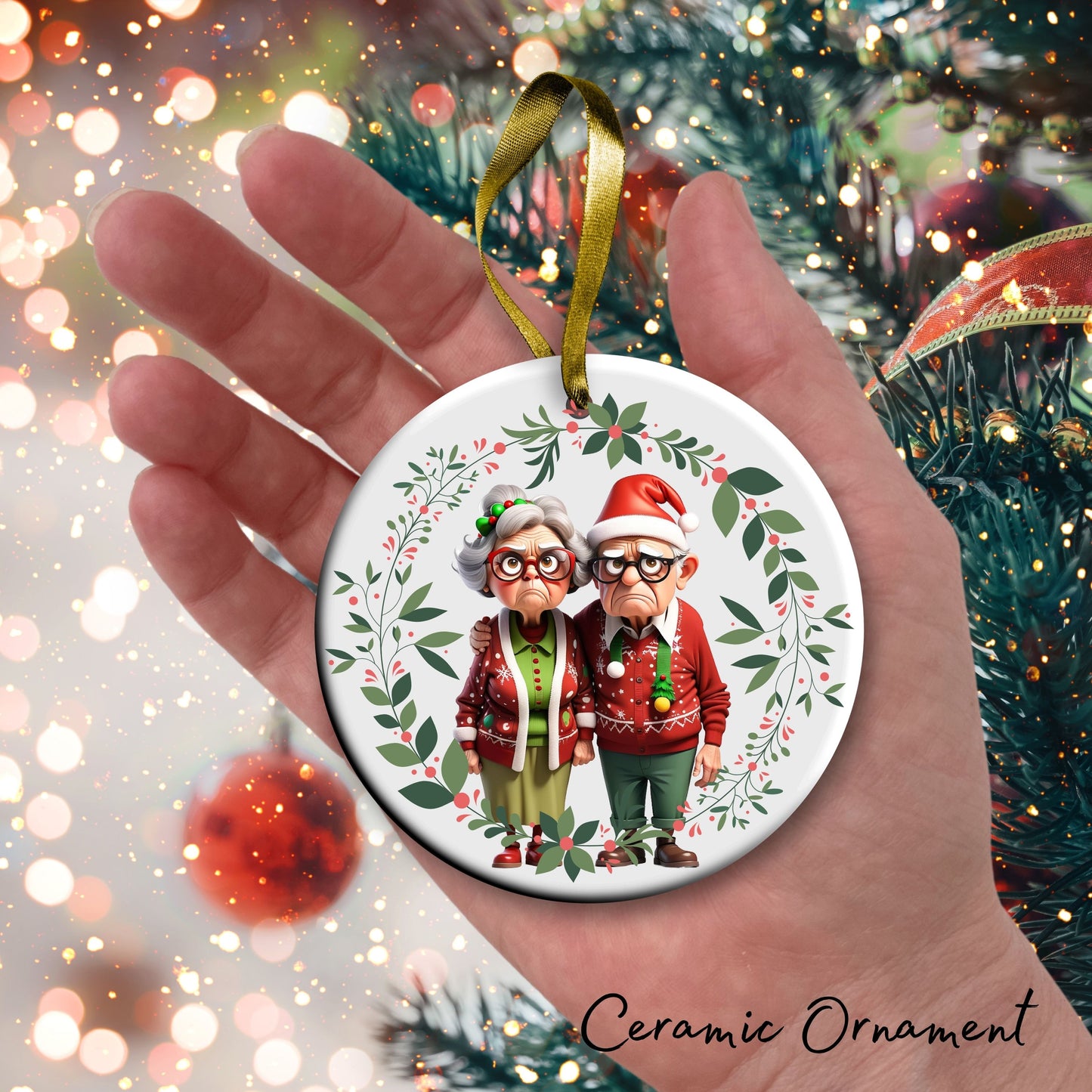 Grumpy Christmas Grandparents Ceramic Ornament 52-23