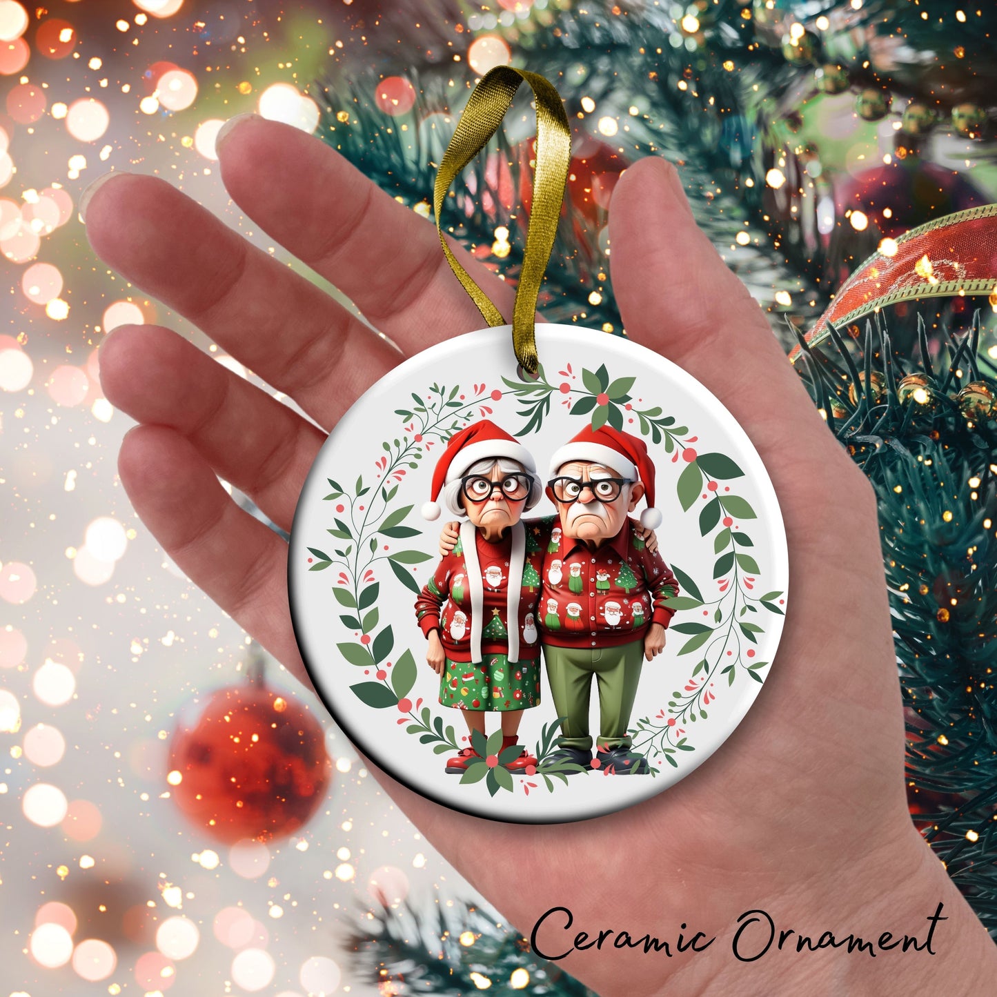 Grumpy Christmas Grandparents Ceramic Ornament 52-25
