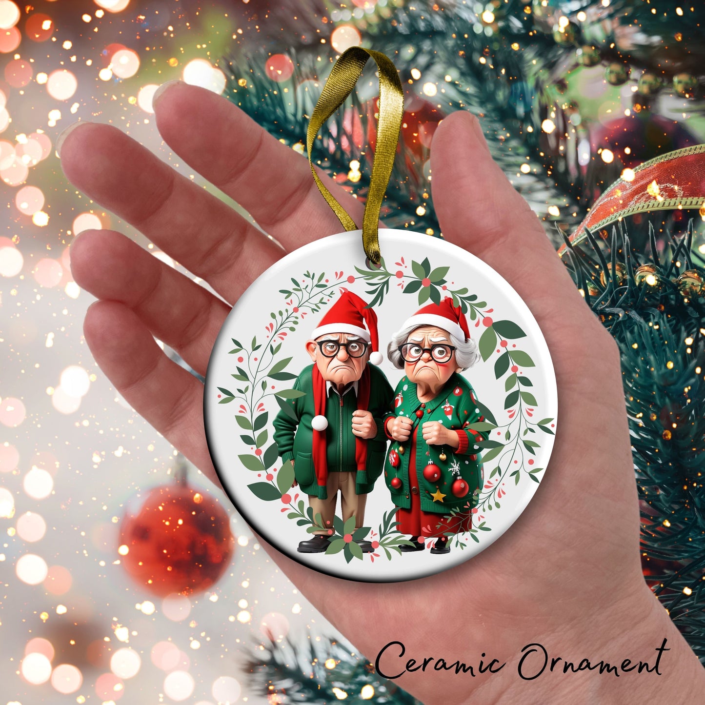 Grumpy Christmas Grandparents Ceramic Ornament 52-33