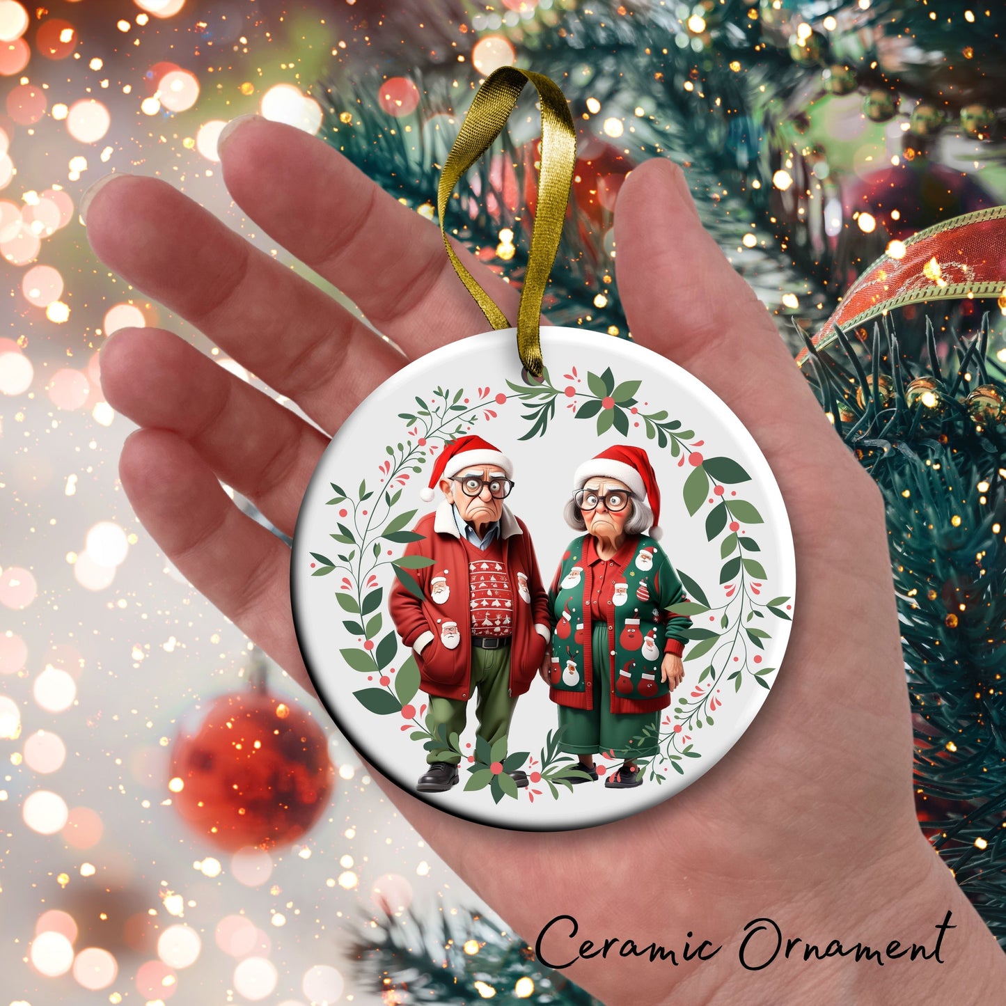 Grumpy Christmas Grandparents Ceramic Ornament 52-35