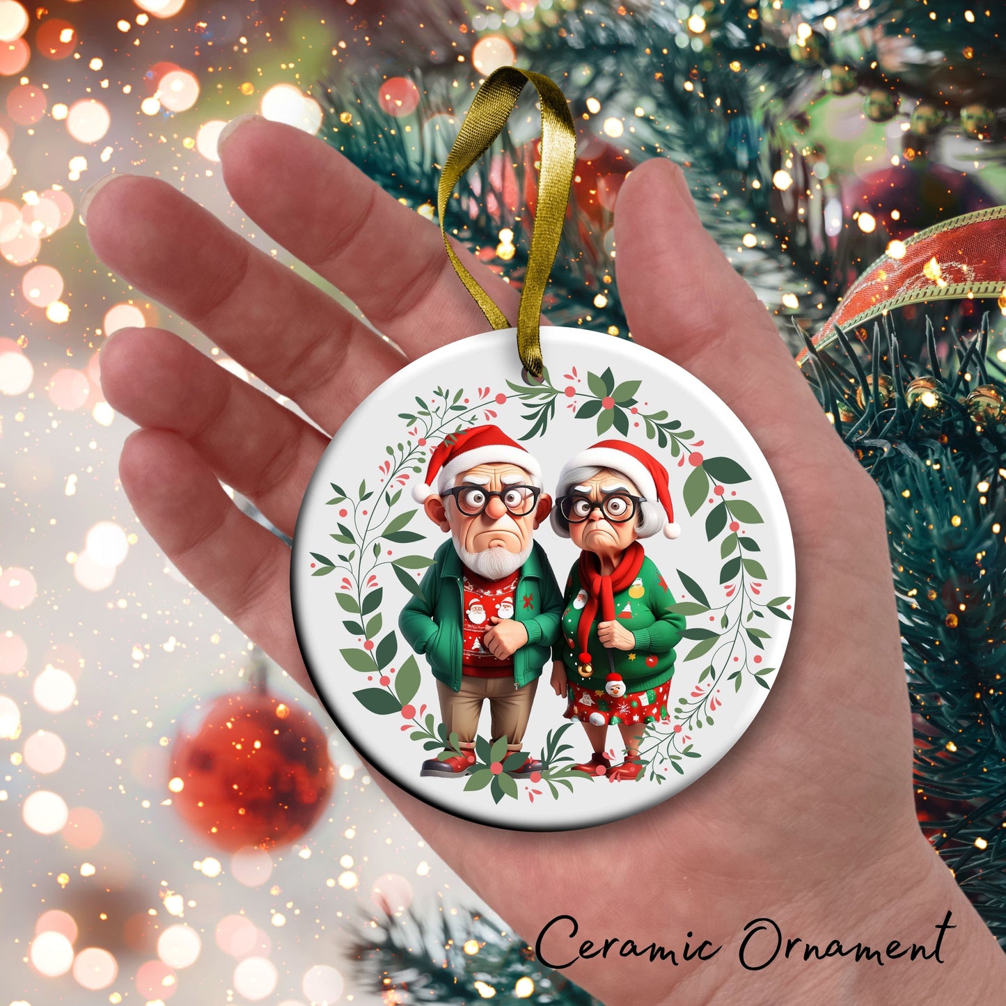 Grumpy Christmas Grandparents Ceramic Ornament 52-37