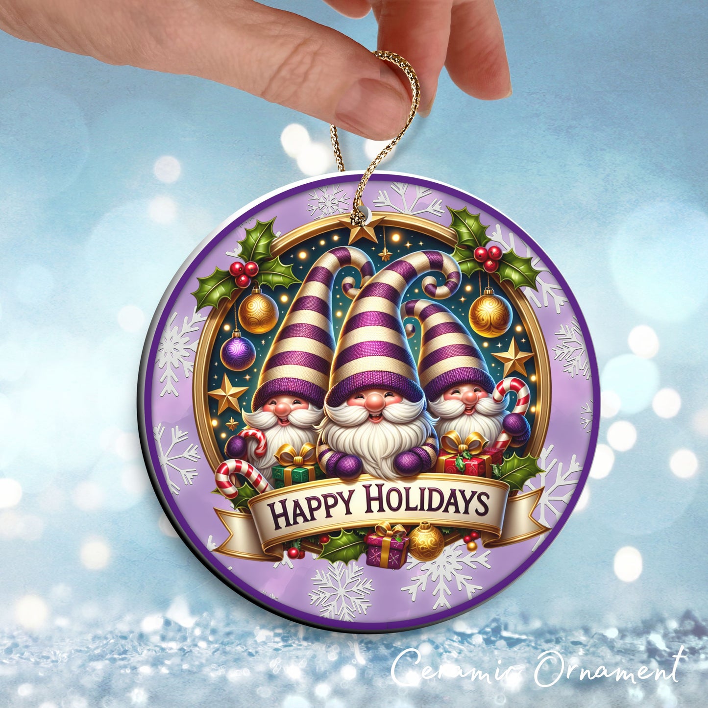 Happy Holidays Purple Gnome Ceramic Ornament 102-01