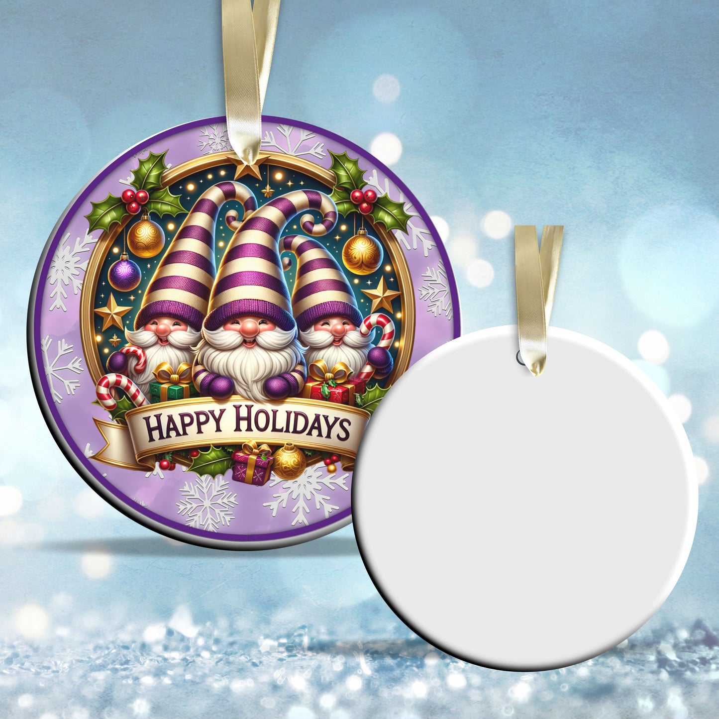 Happy Holidays Purple Gnome Ceramic Ornament 102-01
