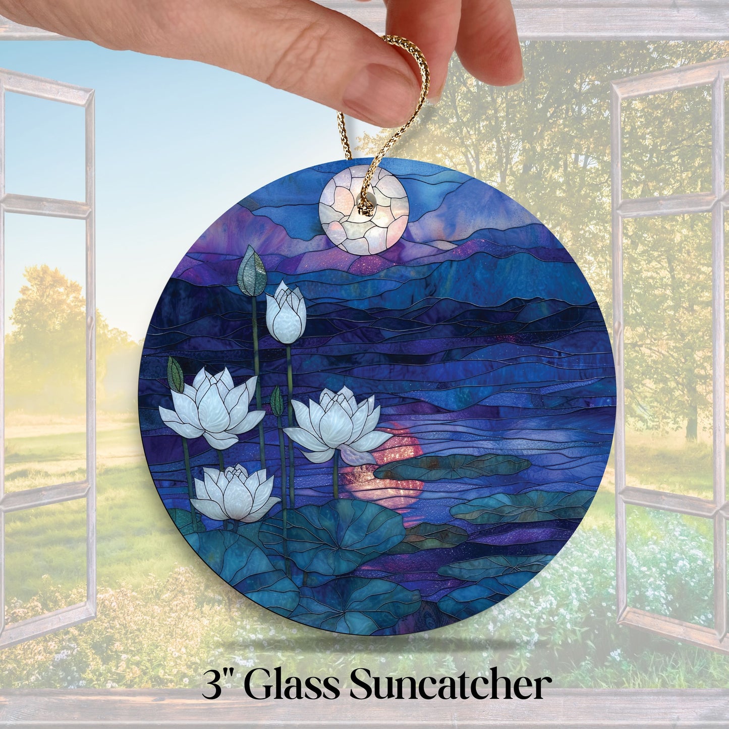 Glass Suncatcher Stained Glass 141-13 Serene Lotus Pond
