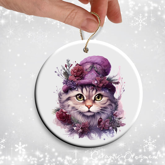 Purple Meowy Christmas Cat Ceramic Ornament 55-01