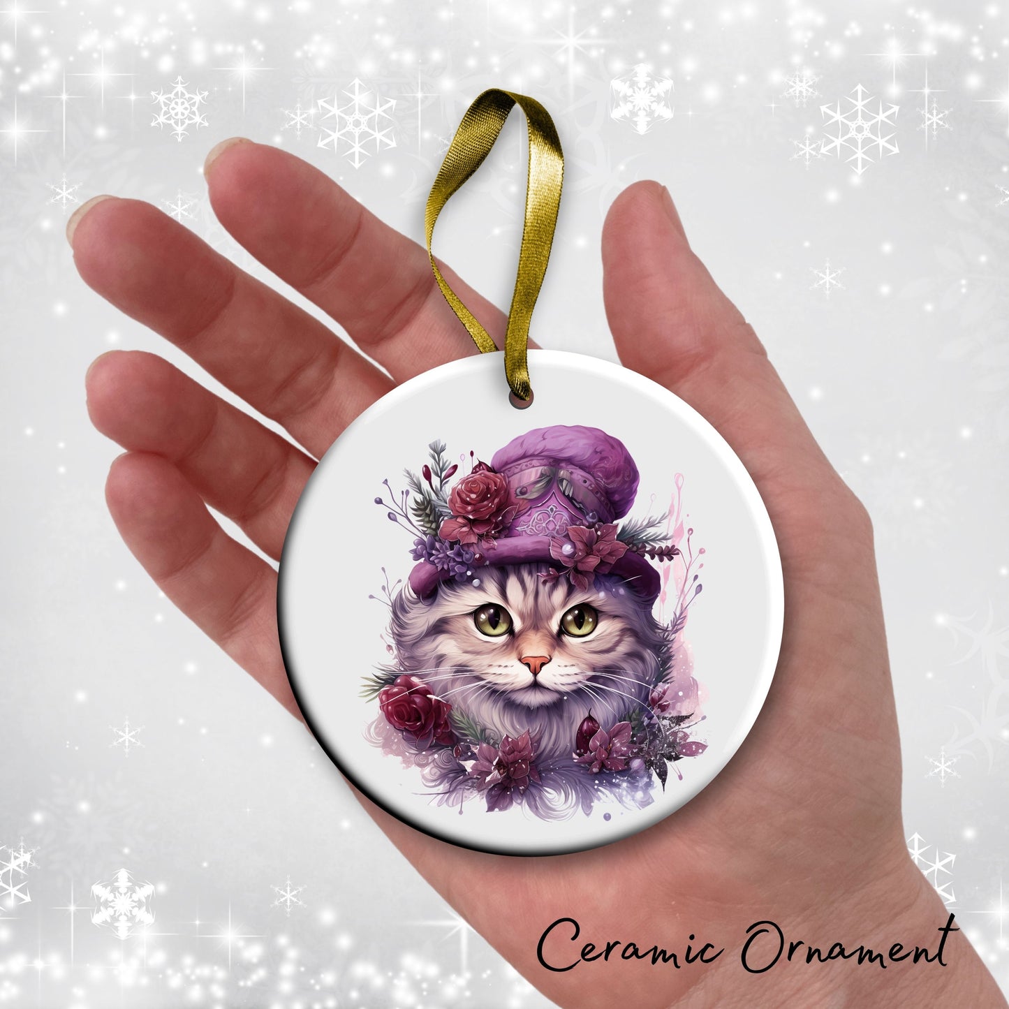 Purple Meowy Christmas Cat Ceramic Ornament 55-01