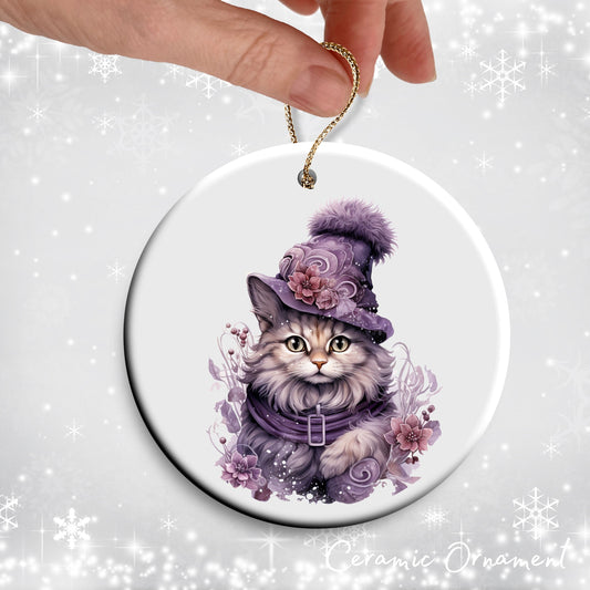 Purple Meowy Christmas Cat Ceramic Ornament 55-03