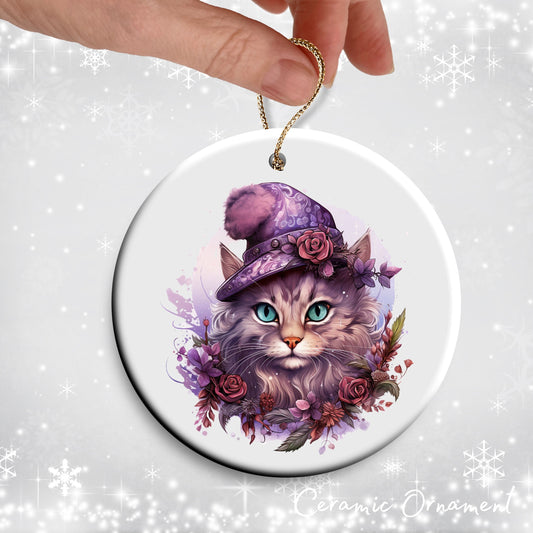 Purple Meowy Christmas Cat Ceramic Ornament 55-04