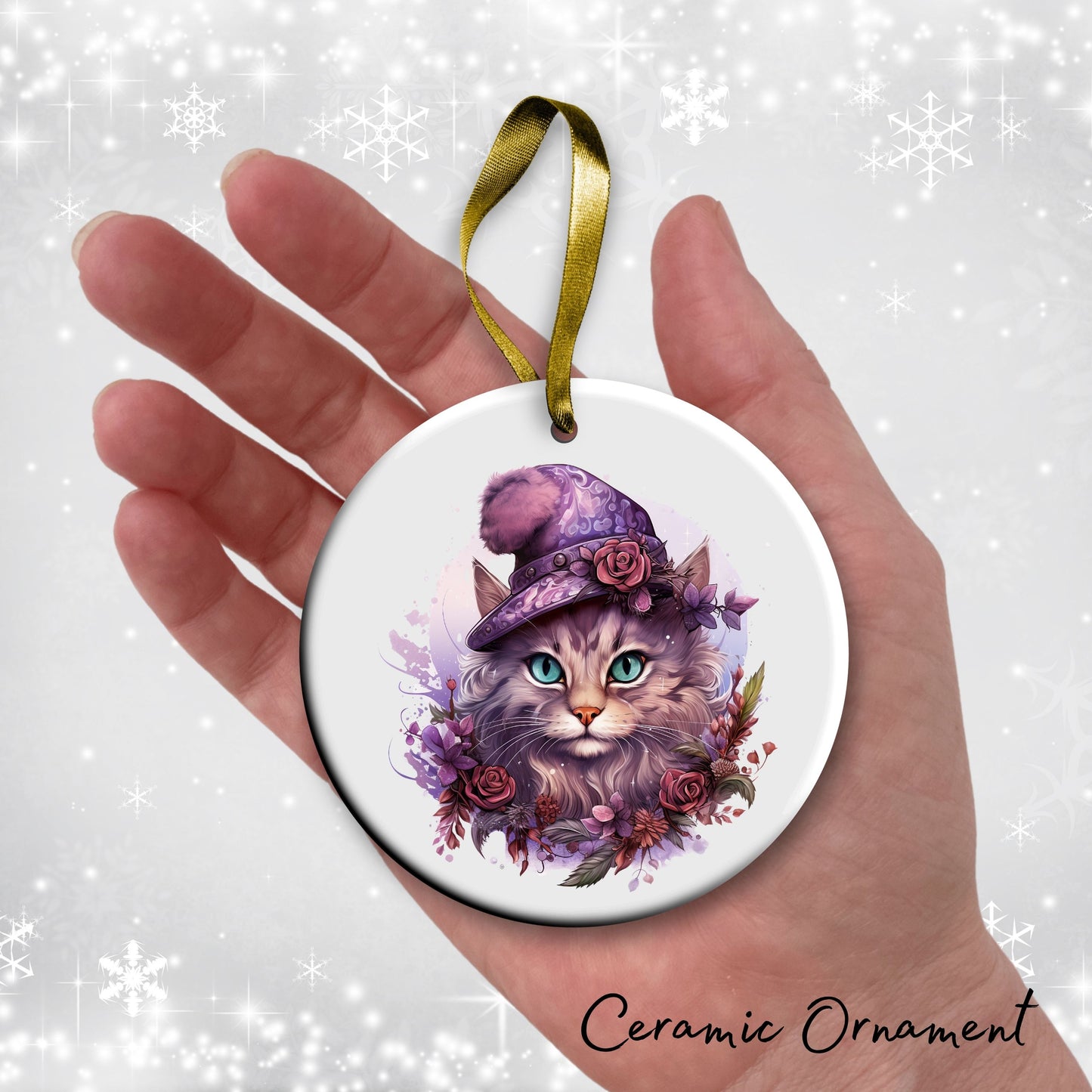 Purple Meowy Christmas Cat Ceramic Ornament 55-04