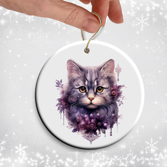 Purple Meowy Christmas Cat Ceramic Ornament 55-05