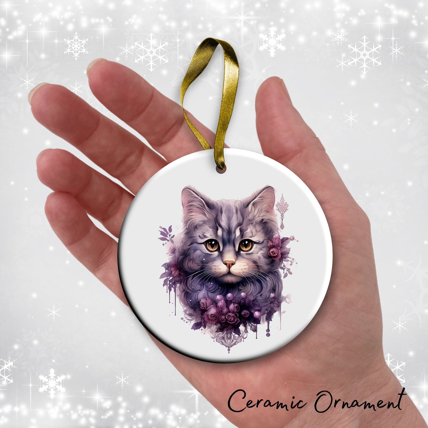 Purple Meowy Christmas Cat Ceramic Ornament 55-05